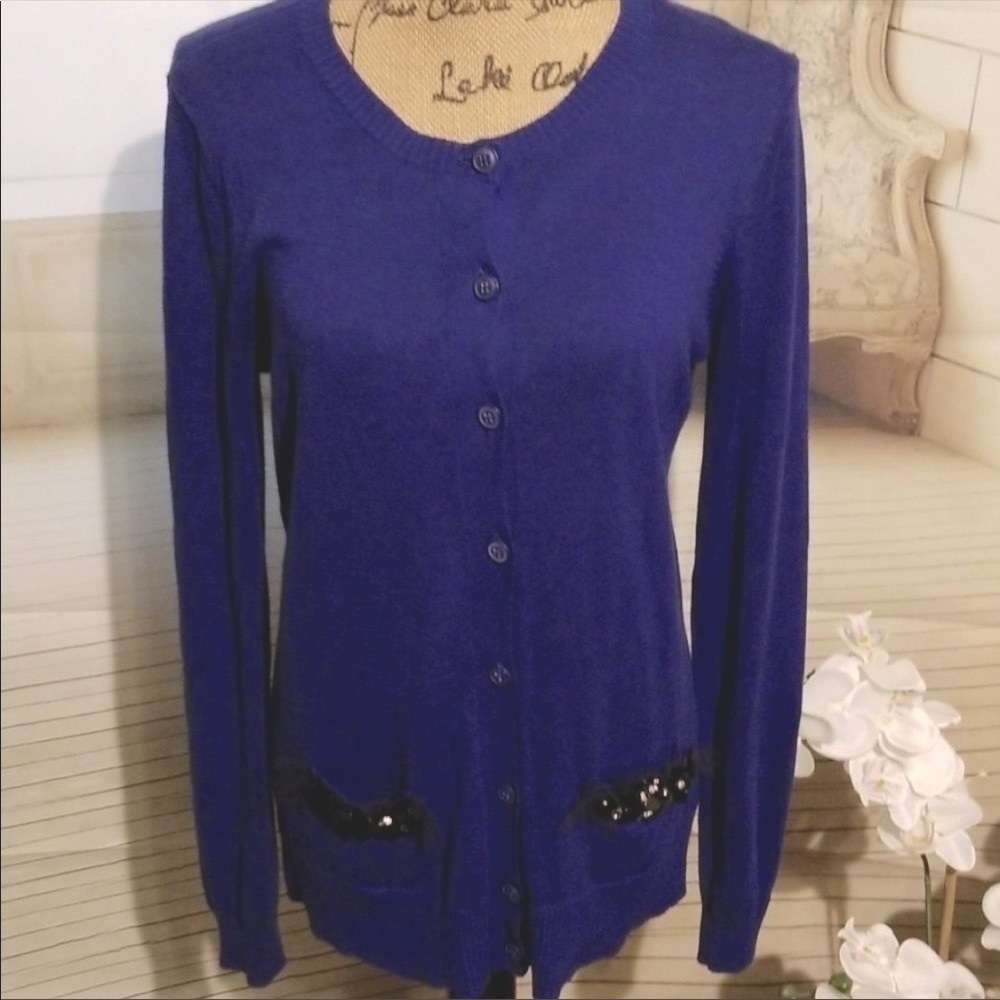🌻 3/$20 Vera Wang Cobalt Blue Cardigan Sweater with Sequin Detail, Size XS